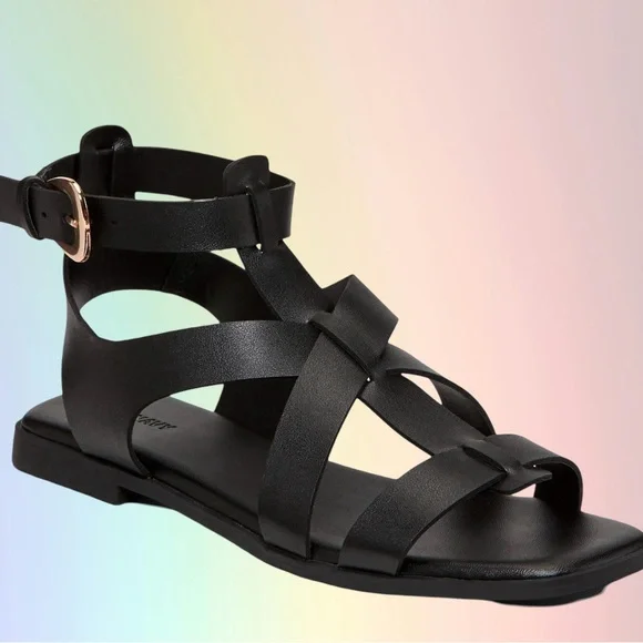 NWTS💓GAP OLD NAVY SZ 8💓BLACK STRAPPY GREEK GLADIATOR SANDALS GOLD HARDWARE - Picture 2 of 13
